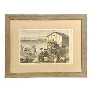 Antique Original Print Chicks Taking a Dip, 1873 (Framed)