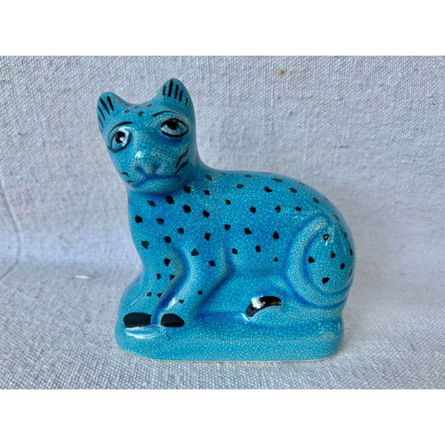 Vintage Blue and Black Spotted Ceramic Cat For Sale - Image 9 of 9