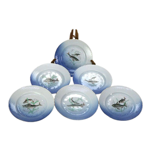 Set of 6 Antique Bing & Grondahl Porcelain Plates With Fish Pattern, Circa 1920