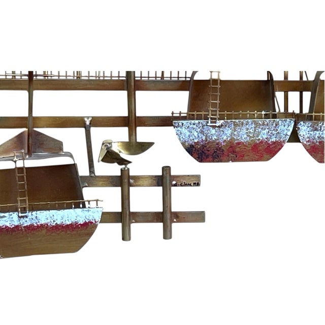 Metal 1980s Curtis Jere Nautical Wall Sculpture – Brass Sailboats & Seagulls Harbor Scene For Sale - Image 7 of 18