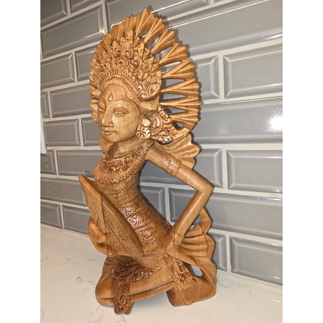 Art Deco Mid-Century Balinese Art Deco Seated Janger Dancer With Fan Sculpture For Sale - Image 3 of 10