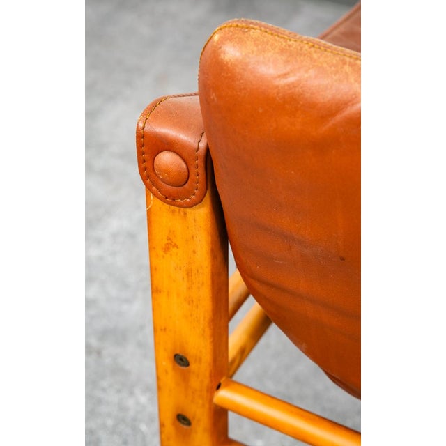 Mid Century Danish Modern Lounge Chair Safari Brown Leather Arm Sling Vintage For Sale - Image 11 of 12