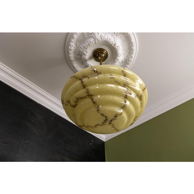 Beige Art Deco Layered Marbled Yellowish Beige and Brown Glass and Brass Pendant Light, 1950s For Sale - Image 8 of 18