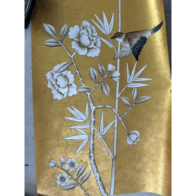 Not Yet Made - Made To Order Set of 3 Hand Painted Gold Leaf Chinoiserie Wallpaper Panels, Monochrome Bird & Bamboo Floral Mural, Custom Size Available For Sale - Image 5 of 9