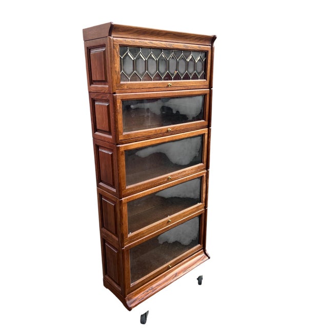 Late 20th Century Oak Barrister Leaded Top 5 Stack Bookcase For Sale - Image 17 of 17