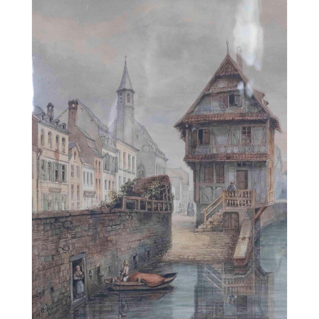 19th Century European Canal Townscape with Half-Timbered Architecture, Oil Painting For Sale - Image 4 of 8
