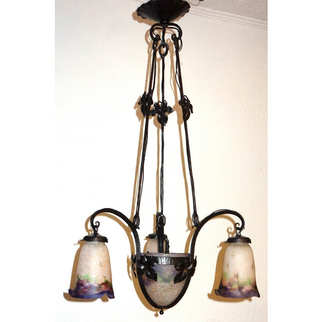 Antique Art Nouveau 4-Light Chandelier from Muller Frères Luneville, 1920s, in Very Good conditions. Designed 1920 to 1949...