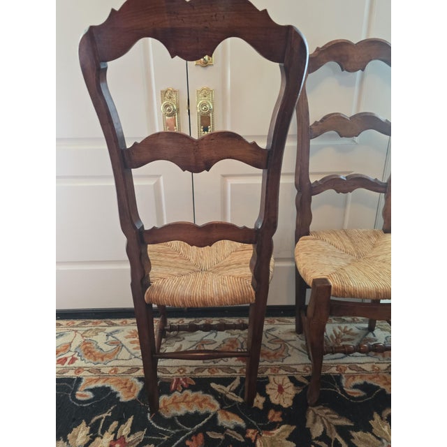 2 Vintage French Provincial Ladder Back Walnut Rush Seat Chairs For Sale - Image 9 of 13