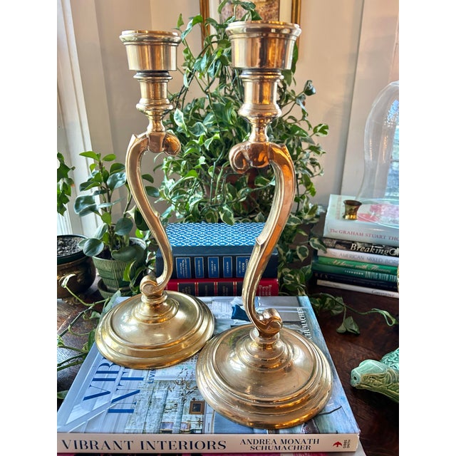 Mid 20th Century Solid Brass Art Nouveau Style Candlestick Holders - A Pair For Sale - Image 11 of 11