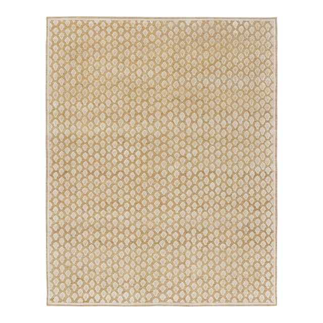 Rug & Kilim’s Modern Block Print Rug in Gold with Cream Floral Pattern - 6x9 For Sale