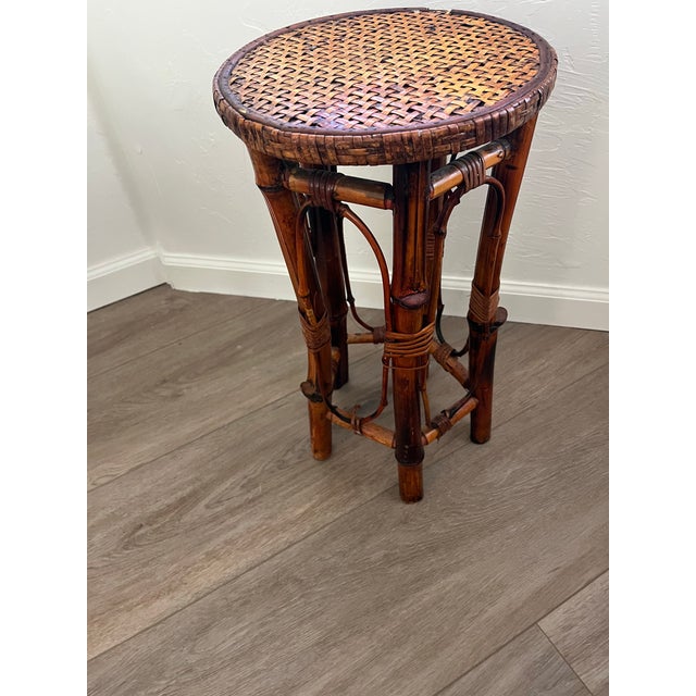 Vintage-Style Burnt Bamboo and Rattan Plant Stand -Accent Drink Side Table For Sale - Image 12 of 12