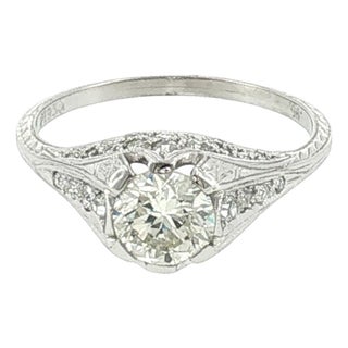1920's Platinum .95 Carat Old European Cut Diamond Hand Engraved Engagement Ring For Sale