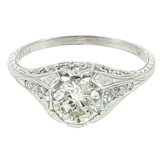 1920's Platinum .95 Carat Old European Cut Diamond Hand Engraved Engagement Ring For Sale