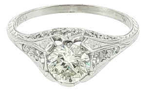 1920's Platinum .95 Carat Old European Cut Diamond Hand Engraved Engagement Ring