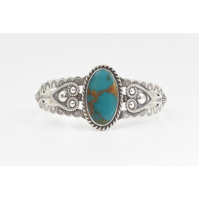 Silver Vintage Southwestern Sterling Silver Turquoise Cuff Bracelet For Sale - Image 8 of 11