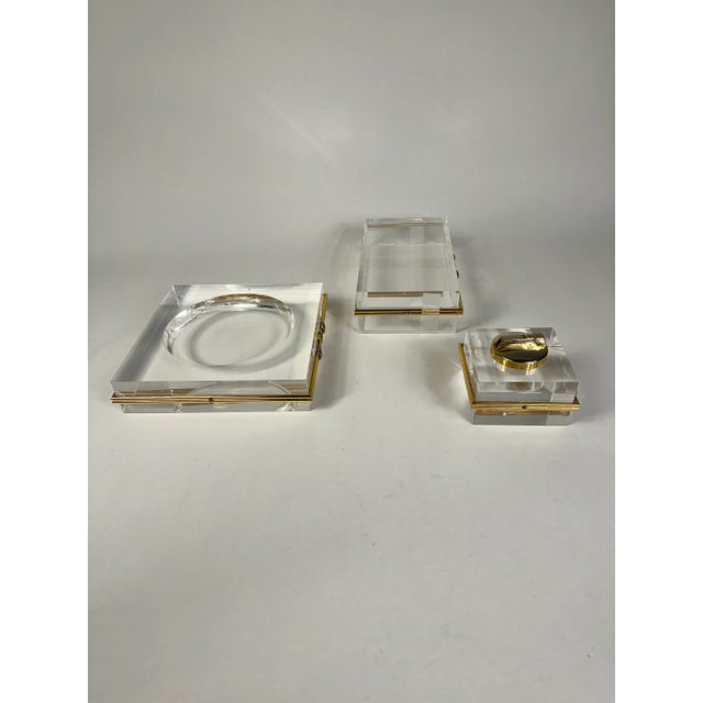 1970s 3 Piece Set of Vintage Lucite With Gold and Chrome Banded Pieces From Palm Beach 1970's For Sale - Image 5 of 9
