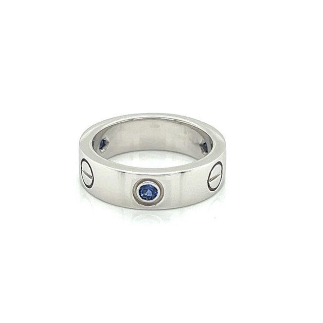 Contemporary Rare Cartier Love 18k White Gold Blue Sapphire Band Ring w/Paper - Size 5.5 For Sale - Image 3 of 5