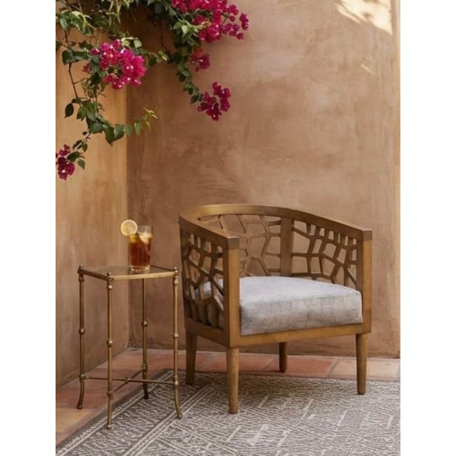 Mid-Century Modern Organic Lattice Teak Barrel Chair With Linen Cushion For Sale - Image 12 of 12