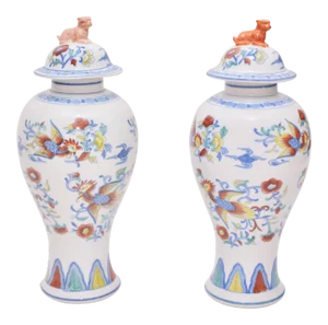 Vintage Chinese Ming Style Glazed Porcelain Lidded Vases - a Pair