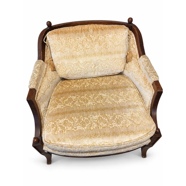 Late 20th Century Vintage Hollywood Regency Gold Damask Barrel Lounge Chairs — Pair For Sale - Image 5 of 12