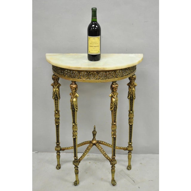 Antique Gothic Revival Oscar Bach Style Figural Bronze & Onyx Paw Foot Demilune Console Side Table with Female Maidens...
