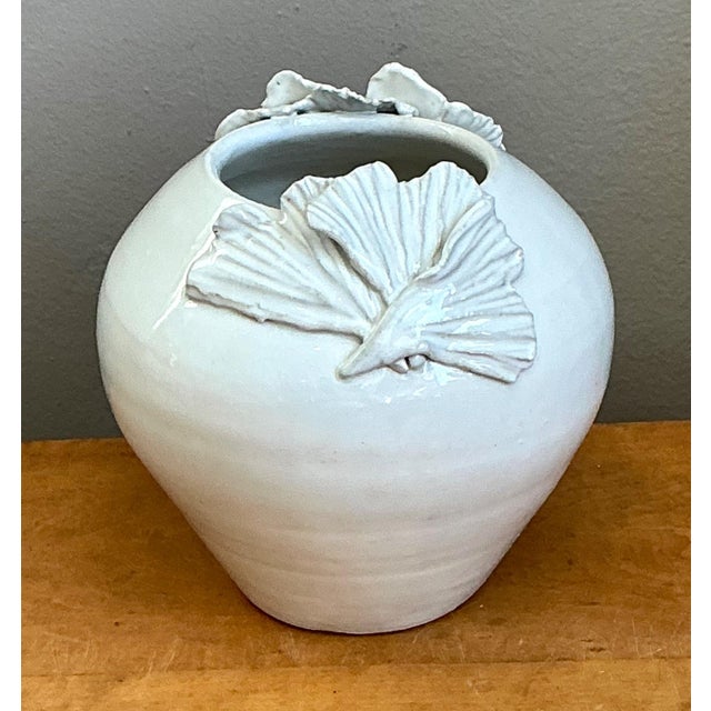 Vintage Kass O'Brien White Ceramic Vase With Ginko Leaf Motif For Sale In West Palm - Image 6 of 13