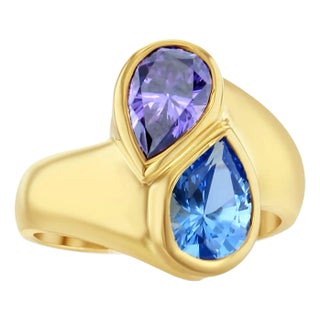 Blue Topaz & Amethyst Pear Shaped Ring, Size 3 For Sale