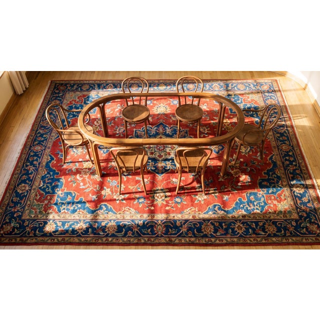 Luxurious and Rich Red and Blue Color Antique 1920s Minimalist Floral Pattern Chinese Art Deco Carpet For Sale - Image 11 of 12