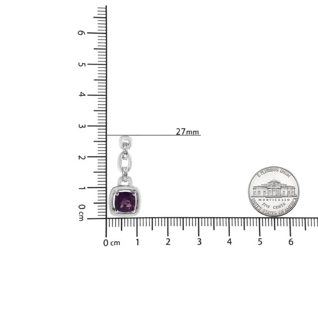 Early 21st Century .925 Sterling Silver 6x6MM Cushion Shaped Natural Purple Amethyst and Diamond Accent Drop and Dangle Earrings (I-J Color, I1-I2 Clarity) For Sale - Image 5 of 5