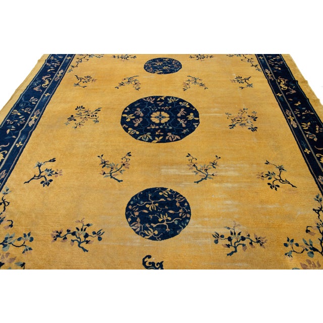 1920s Antique Peking Designed Chinese Wool Rug Handmade in Golderod Color For Sale - Image 9 of 10