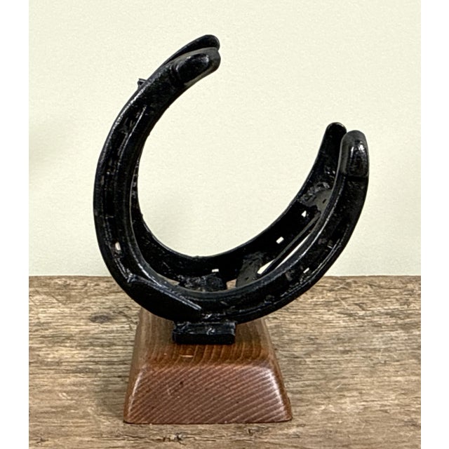Vintage Equestrian Iron Horseshoe and Nail Wine Bottle Holder on Wood Base For Sale In Providence - Image 6 of 6