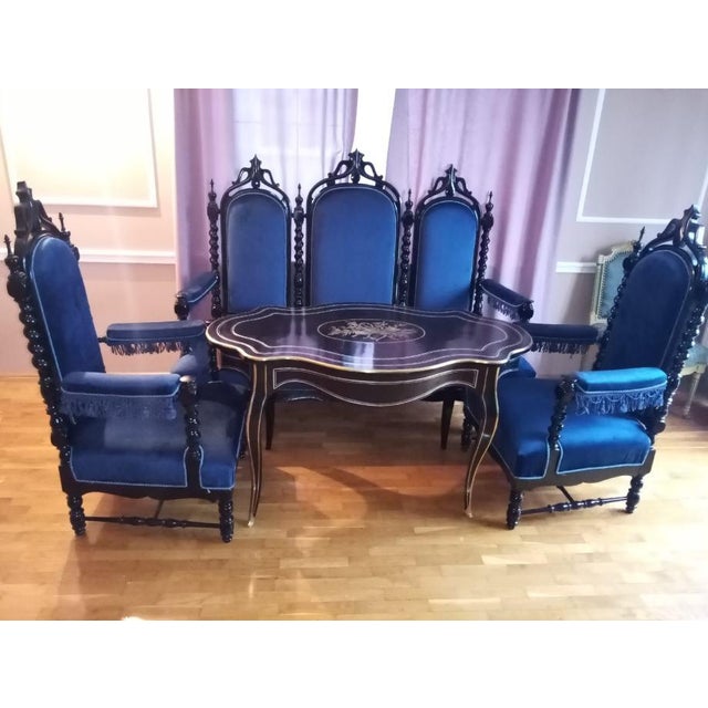 French Neo-Gothic Revival Dining Set in Deep Blue Velvet, Set of 4 For Sale - Image 6 of 7