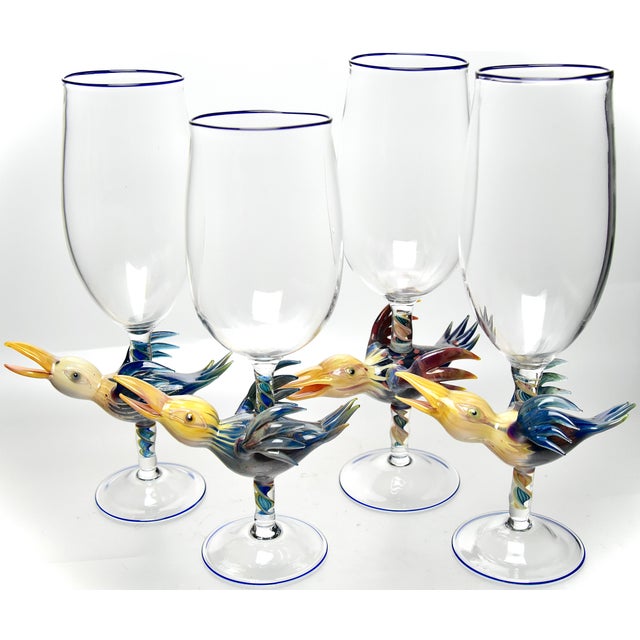 Figurative Set of 4 Art Glass Bird Goblets by Janis Miltenberger For Sale - Image 3 of 8