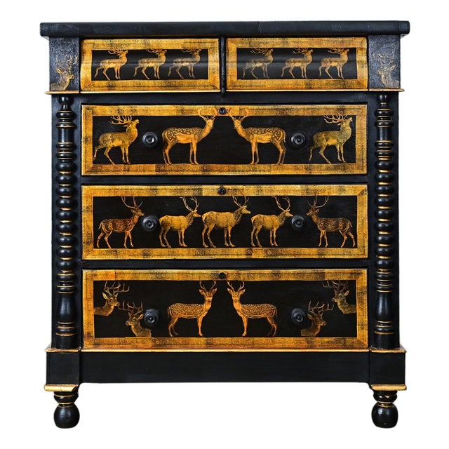 English Vintage Painted Chest with Deer Decoupage For Sale