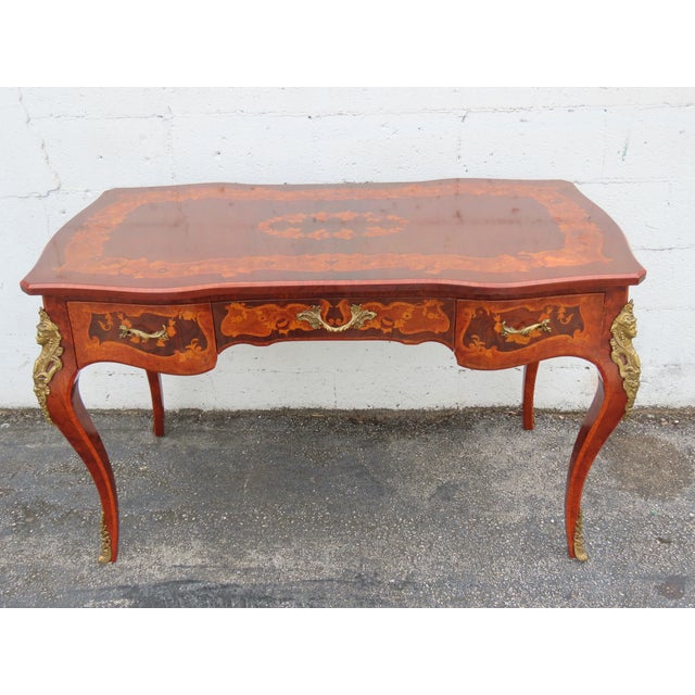 French Italian Inlay and Bronze Accent Desk and Chair 6340 For Sale - Image 15 of 18