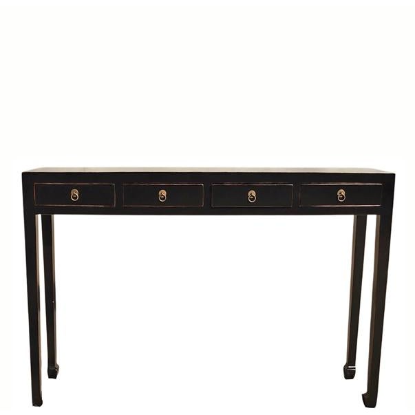 This console table features a sleek, narrow profile finished in a solid black lacquer with light wood-toned edge outlines....