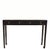 This console table features a sleek, narrow profile finished in a solid black lacquer with light wood-toned edge outlines....