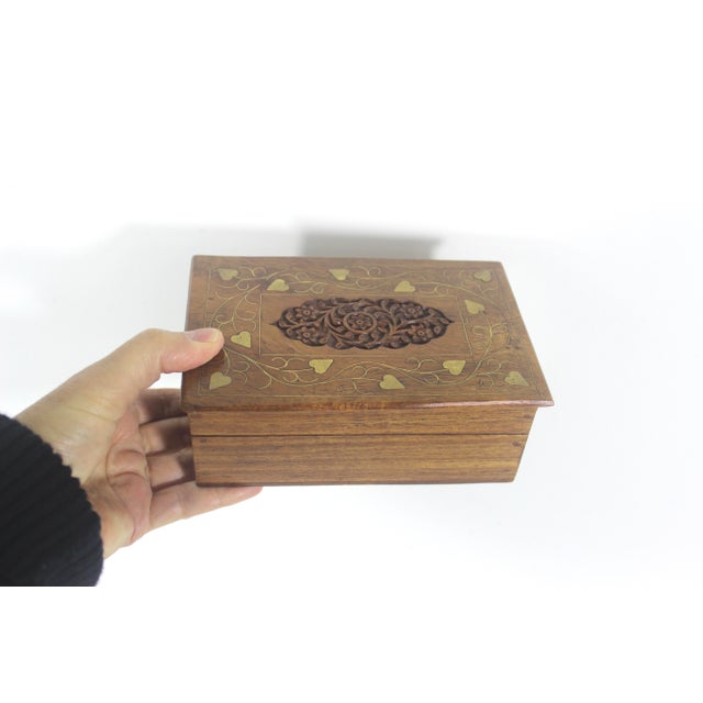 Vintage Carved Wood Box, Brass Inlay Indian Indo, Lidded, Wooden Carving, Floral Hinged Lid Box, Brown Wood Trinket, Jewelry, Stash Heart For Sale - Image 10 of 10
