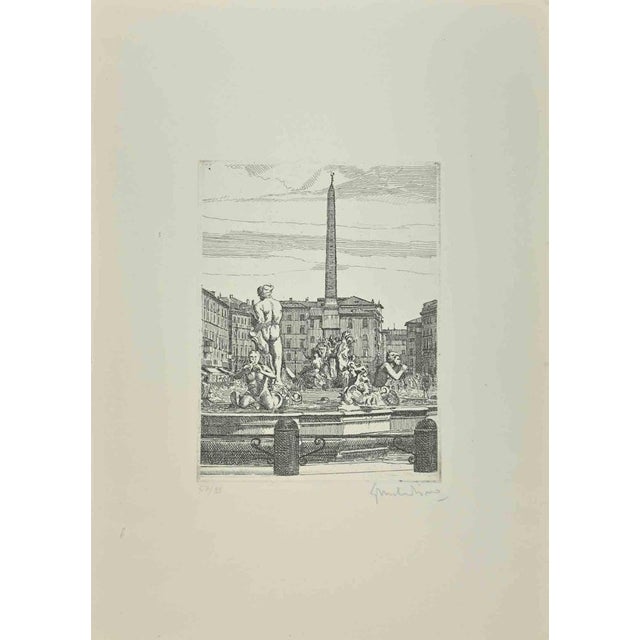 Navona Square - Fountain of 4 Rivers is an artwork realized by Giuseppe Malandrino. Print in etching technique. Hand-...