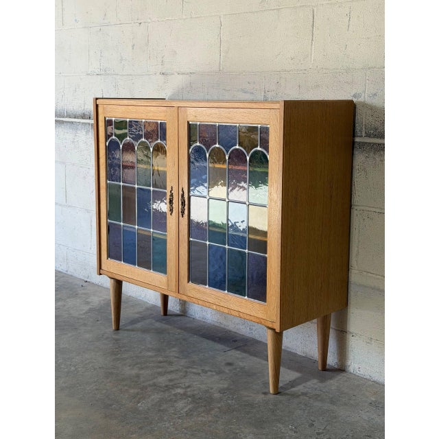 Mid-Century Modern Oak Two-Door Cabinet With Multi-Colored Stained Glass Doors Danish Mid-Century Modern 1970s For Sale - Image 3 of 11
