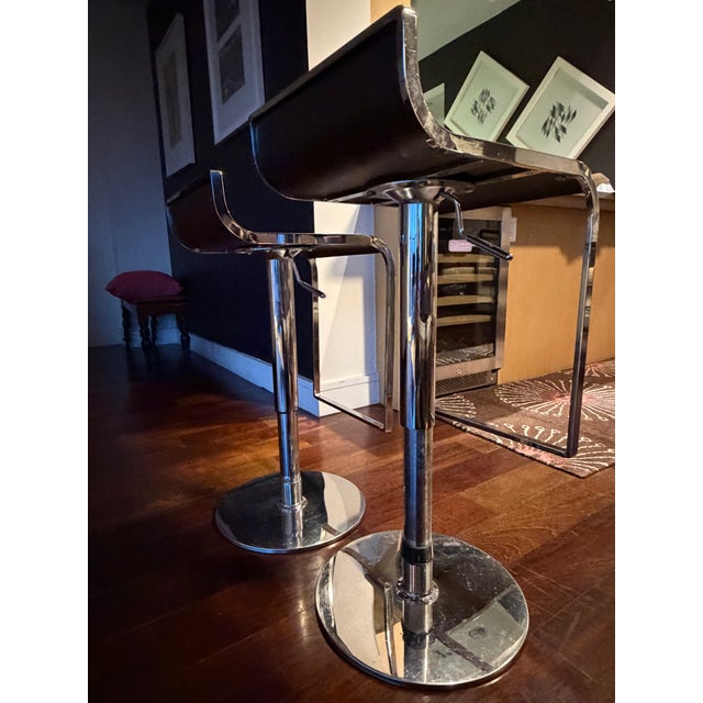 Contemporary Pair of Faux Leather & Metal Adjustable Bar Stools For Sale - Image 3 of 4