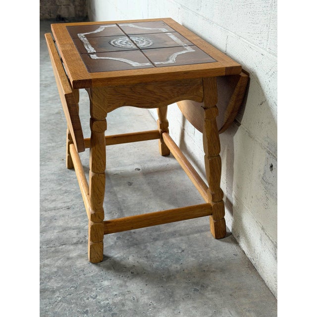 Brown Oak Tile Top Drop-Leaf Folding End Table Danish Mid-Century Modern 1970s For Sale - Image 8 of 10