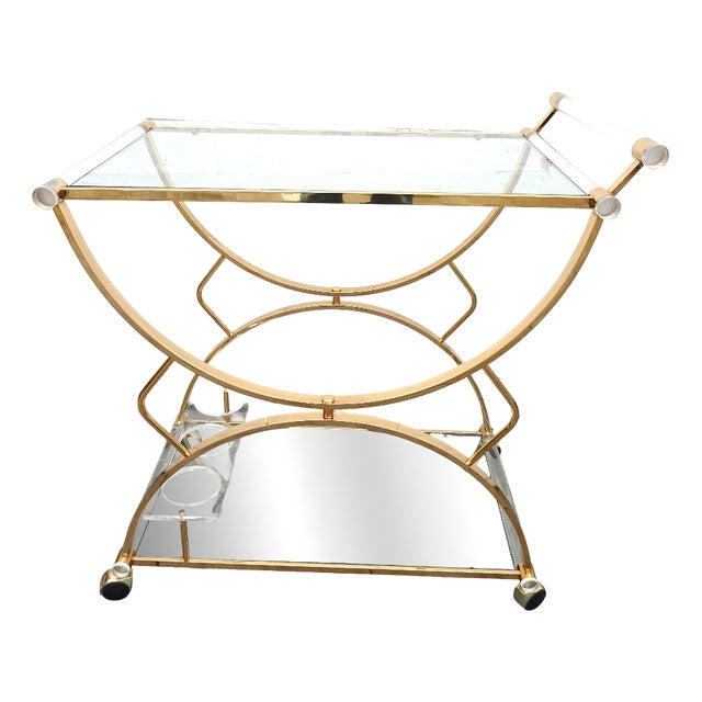 Large Gilded Brass, Glass and Acrylic Glass Bar Cart, 1970s For Sale