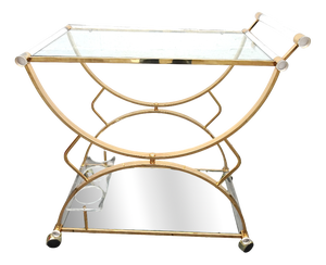 Large Gilded Brass, Glass and Acrylic Glass Bar Cart, 1970s