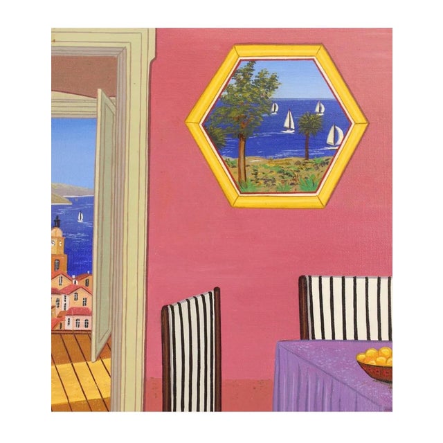Fanch (Francois Ledan), Whimsical Naive Mediterranean Seaside Interior Folk Art Oil Painting Fanch Ledan, 2002 For Sale - Image 13 of 18