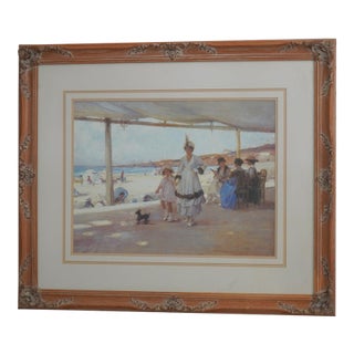 Framed French Print Figures on a Veranda by Beach For Sale