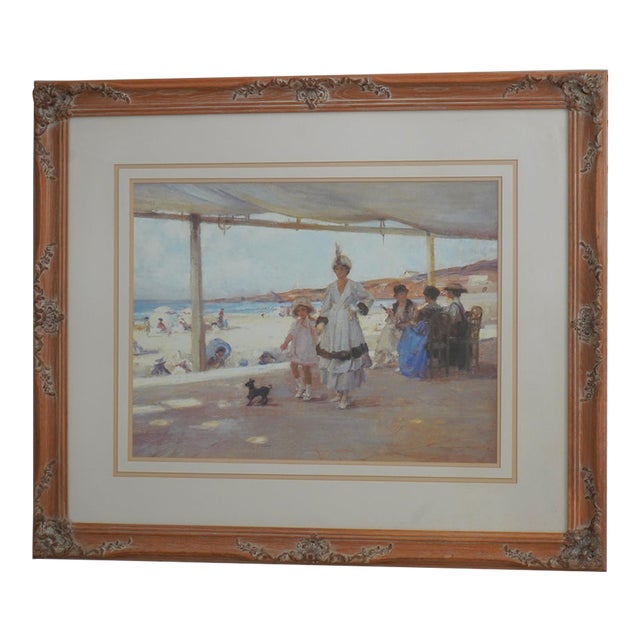 Framed French Print Figures on a Veranda by Beach For Sale