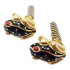 Vintage David Webb 18k Yellow Gold Ruby Black Enamel Frog Cufflinks, Pair