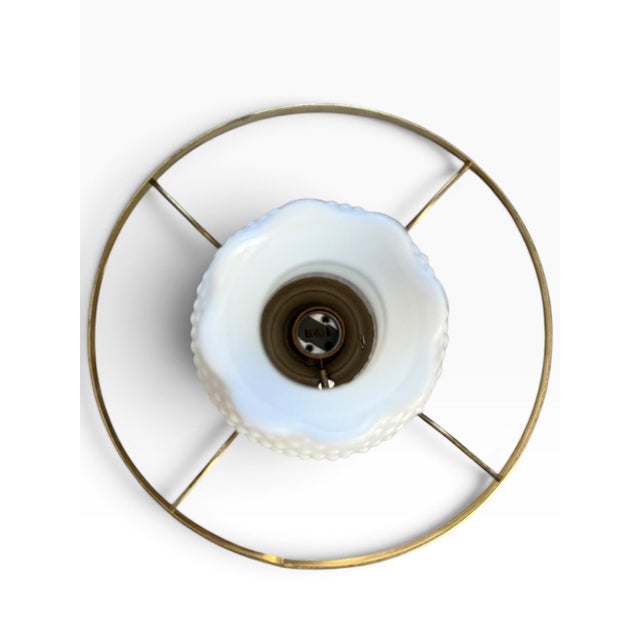 Vintage Hobnail Milk Glass & Brass Hurricane Table Lamp With Turned Wood Accent For Sale - Image 4 of 10