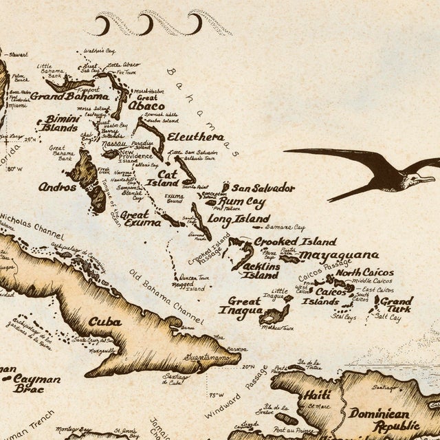 Islands of the Bahamas and West Indies Nautical Chart 25” x 32” stretched canvas in custom black float frame. Includes a...